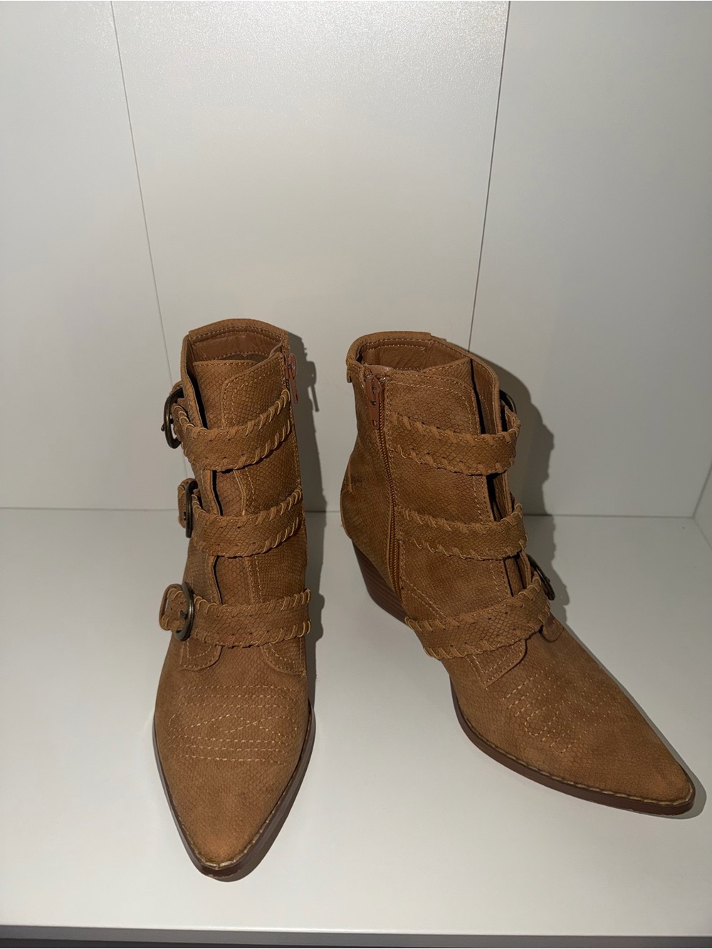 Women's Tan Suede Ankle Boots with Braided Straps